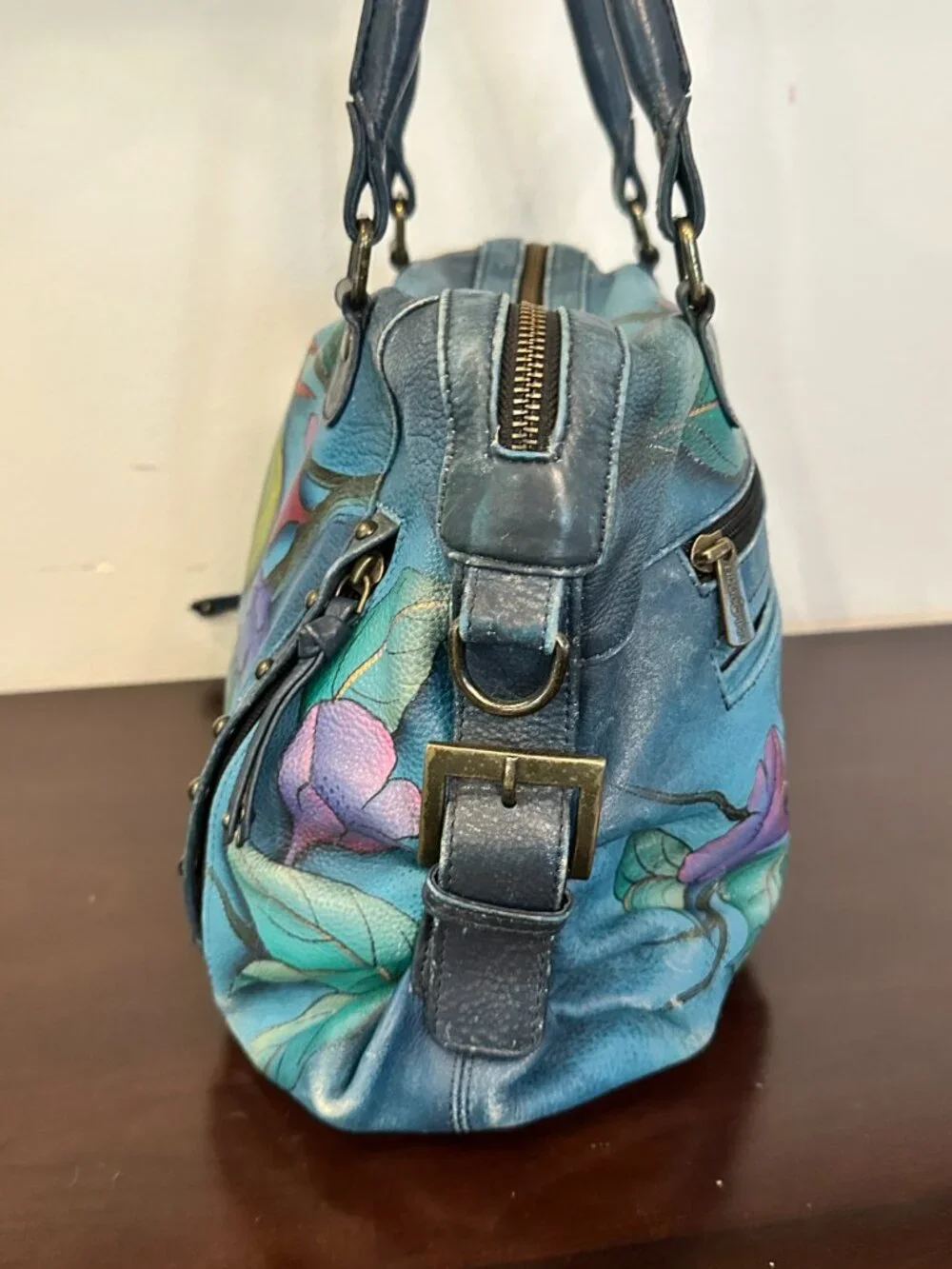 Anushka Hand Painted Leather Satchel Bag Butterfly Bird Floral Turquoise Baes